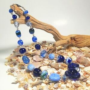 VINTAGE Glass Large Multi Shaped Beaded Necklace in Hues of Blue
